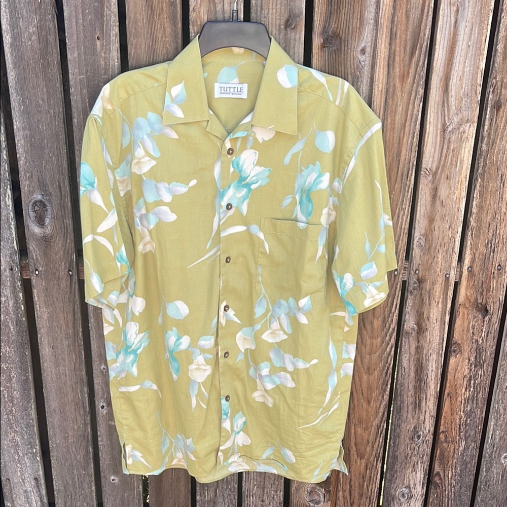 Tuttle M Men's Green Floral Shirt Short Sleeves Button Front Cotton Tropical